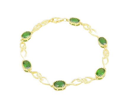 925 Sterling Silver Vintage Bracelet Swirly Cut Gold Plated Green Topaz  BT10243