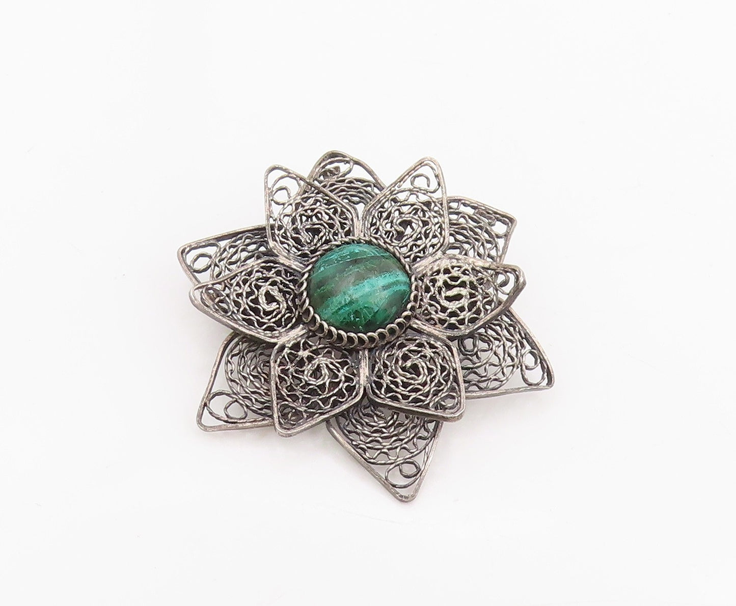 925 Sterling Silver Vintage Brooch Malachite Floral Filigree Petal Pin  BP12087