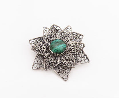 925 Sterling Silver Vintage Brooch Malachite Floral Filigree Petal Pin  BP12087