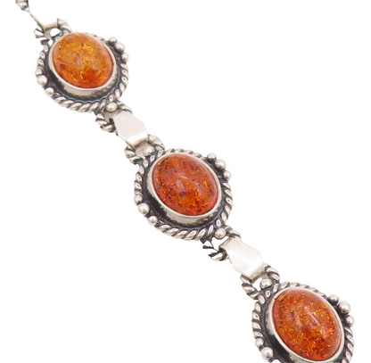 925 Sterling Silver Vintage Bracelet Cabochon Honey Amber Link Chain  BT11849