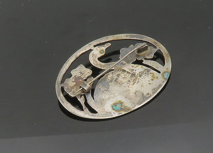 MEXICO 925 Silver  Vintage Antique Turquoise Floral Swan Brooch Pin  BP8148