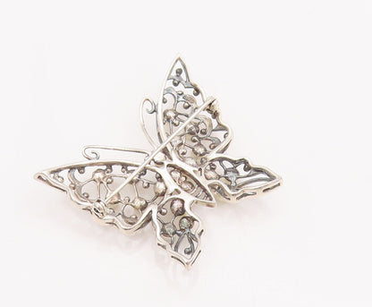 925 Sterling Silver Vintage Brooch Pin Swirly Cut Beaded Pearl Butterfly BP10820