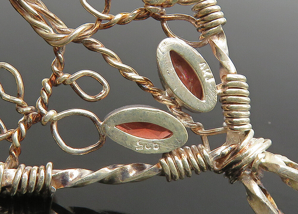 925 Sterling Silver  Vintage Garnet Tree Of Life Wire Twist Pendant  PT16607