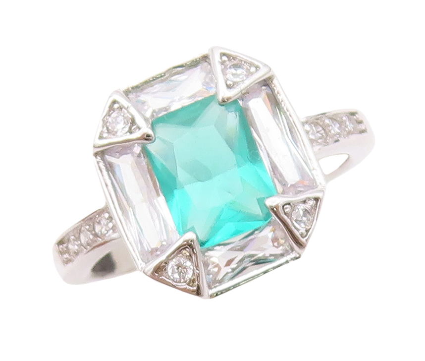 925 Sterling Silver Vintage Ring Rectangle Sea Green Halo White CZ  Sz 7 RG30409