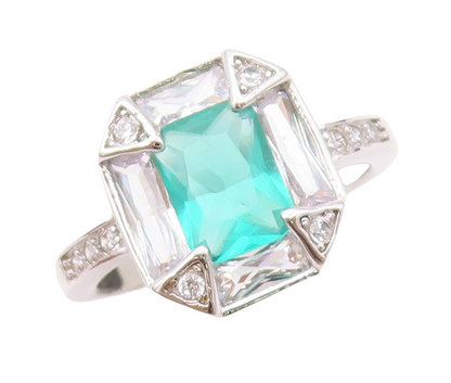 925 Sterling Silver Vintage Ring Rectangle Sea Green Halo White CZ  Sz 7 RG30409