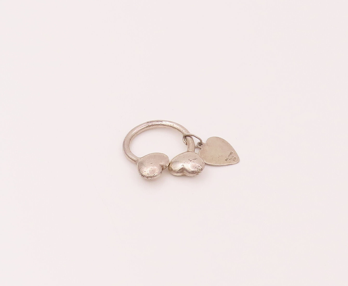 925 Silver  Vintage C Shaped Solid Love Heart & Dangling Heart Keychain TR3490