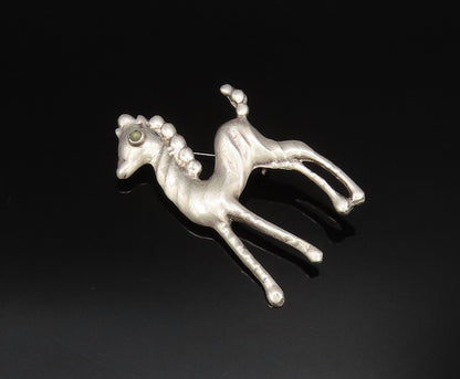 MEXICO 925 Silver  Vintage Antique Green Turquoise Eye Pony Brooch Pin  BP9751