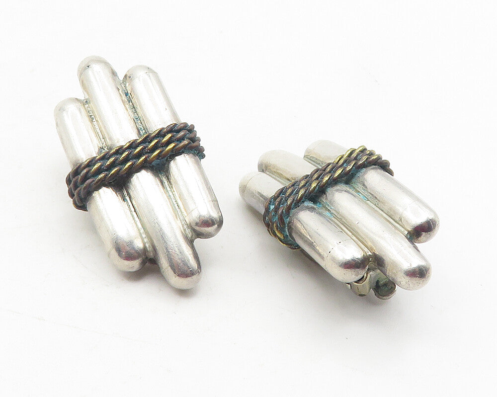MEXICO 925 Silver  Vintage Two Tone Rope Twist Non Pierce Earrings  EG6117