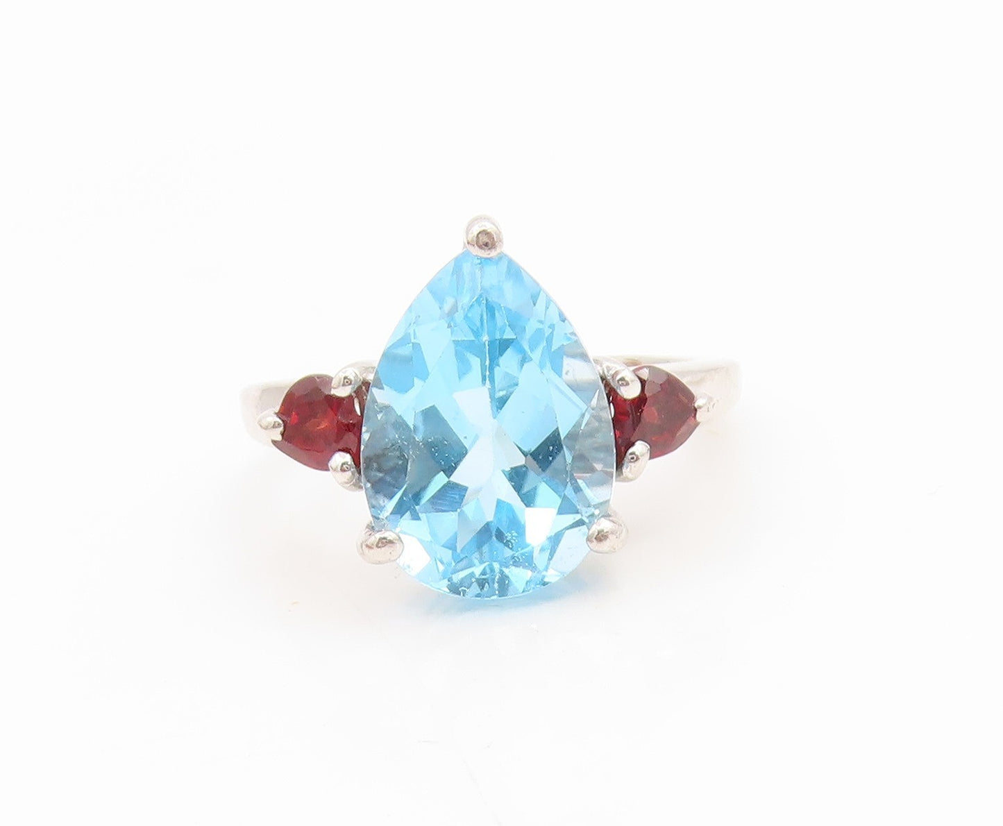 925 Sterling Silver Vintage Ring Pear Cut Blue Topaz & Garnet Band Sz 8 RG36189