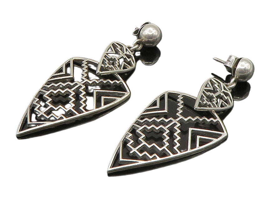 925 Sterling Silver  Vintage Shiny Open Pattern Dangle Earrings  EG11347