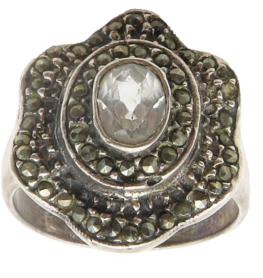 925  Silver  Vintage Topaz & Marcasite Flower Cocktail Ring Sz 10  RG16740