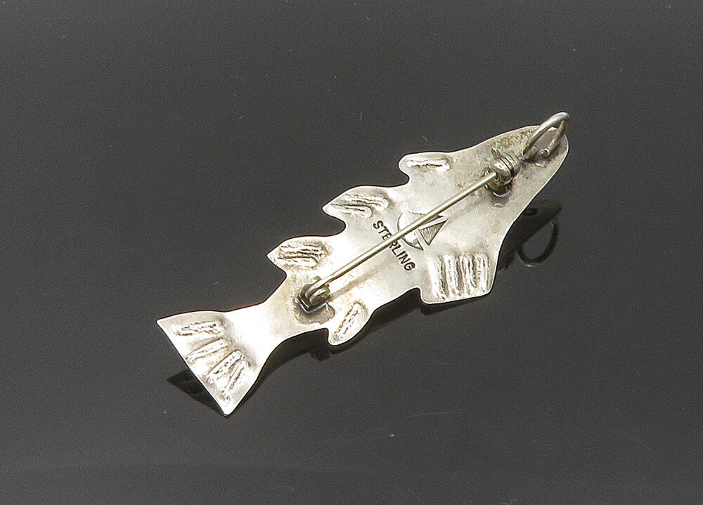 DESIGNER 925 Silver  Vintage Cabochon Jade Two Tone Fish Brooch Pin  BP8020