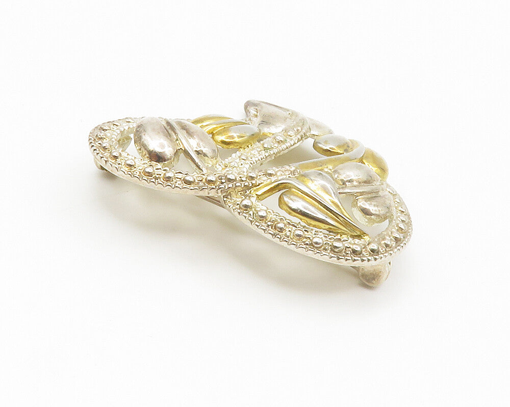 925 Sterling Silver  Vintage Shiny Floral Leaf Love Heart Brooch Pin  BP5315