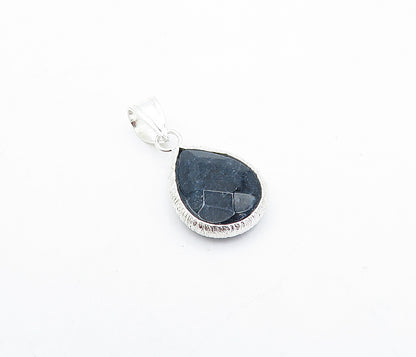 925 Sterling Silver  Faceted Sapphire Shiny Etched Tear Drop Pendant  PT3122
