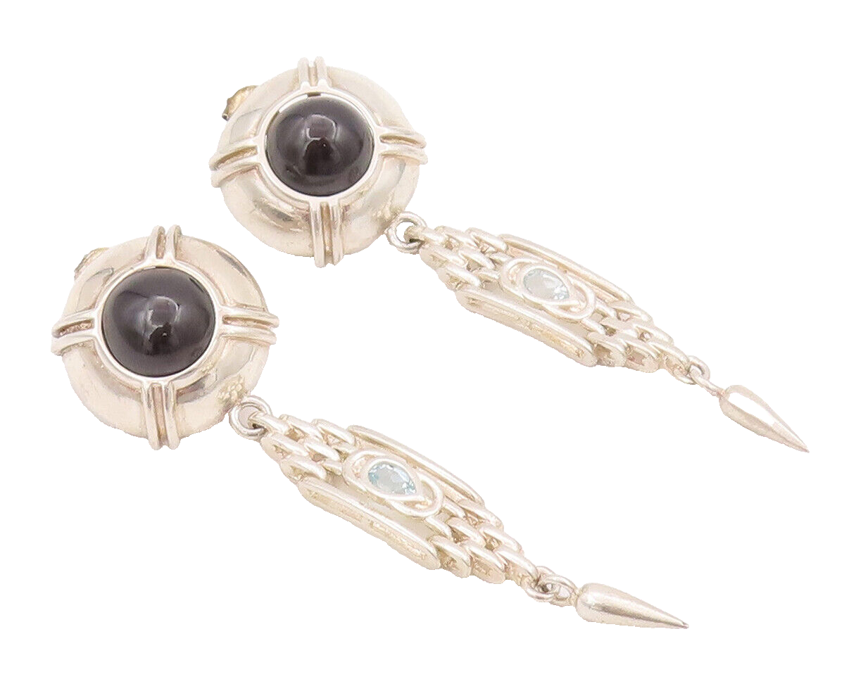 925 Sterling Silver Vintage Earrings Domed Cabochon Onyx & Topaz Dangle  EG12918