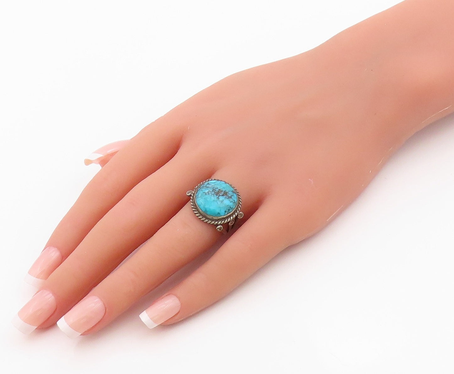 925 Sterling Silver Vintage Ring NAVAJO Turquoise Twisted Rope  Sz 7  RG36355