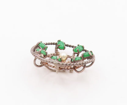 925 Sterling Silver  Vintage Emerald & Pearl Twist Wheel Pendant  PT10922