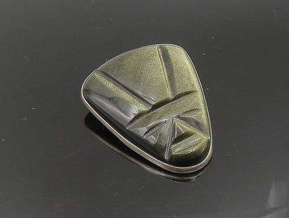 PEDRO CASTILLO 925 Silver  Vintage Obsidian Carved Face Brooch Pin  BP9380