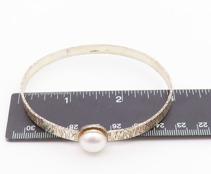 925 Sterling Silver & 14K GOLD  Vintage Pearl Dome Bangle Bracelet  BT8083