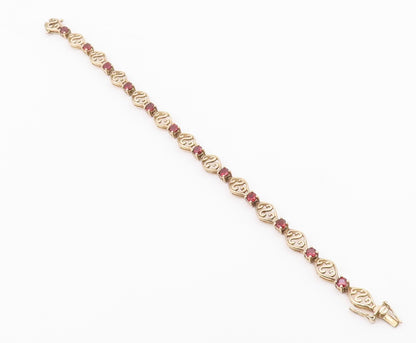 925 Sterling Silver Vintage Round Garnet & Openwork Swirl Link Bracelet BT9557