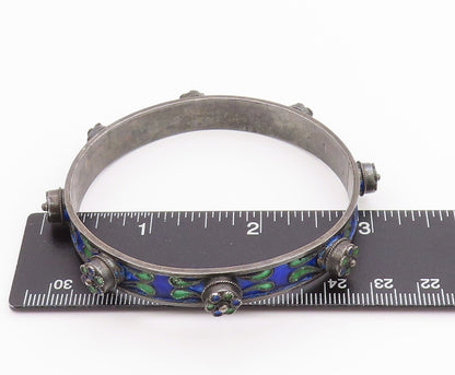 925 Sterling Silver Vintage Bracelet Antique Enameled CZ Flowers Bangle  BT11322