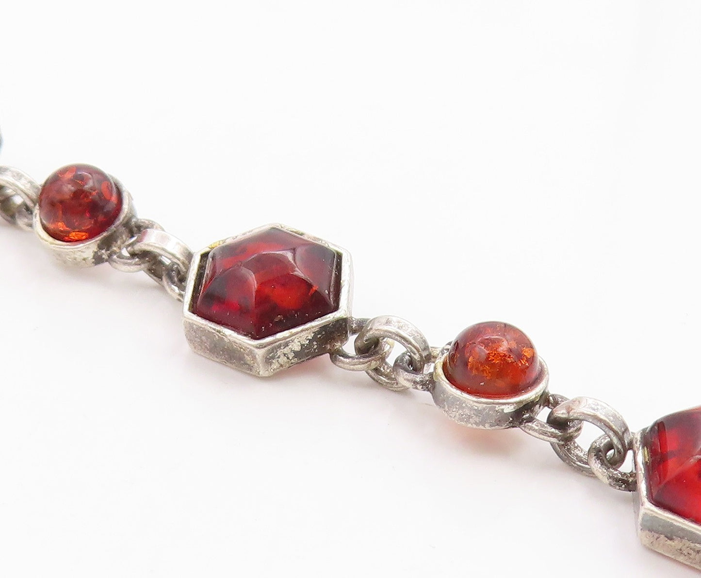925 Sterling Silver Vintage Bracelet Chunky Honey Amber Geometric Link  BT12085
