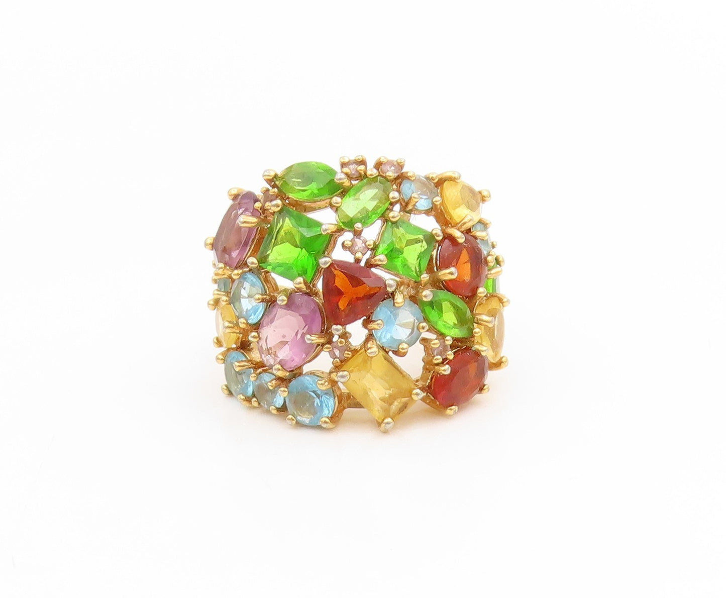 925 Sterling Silver Vintage Ring Gold Plated Multi Gemstone Cluster Sz 6 RG34695