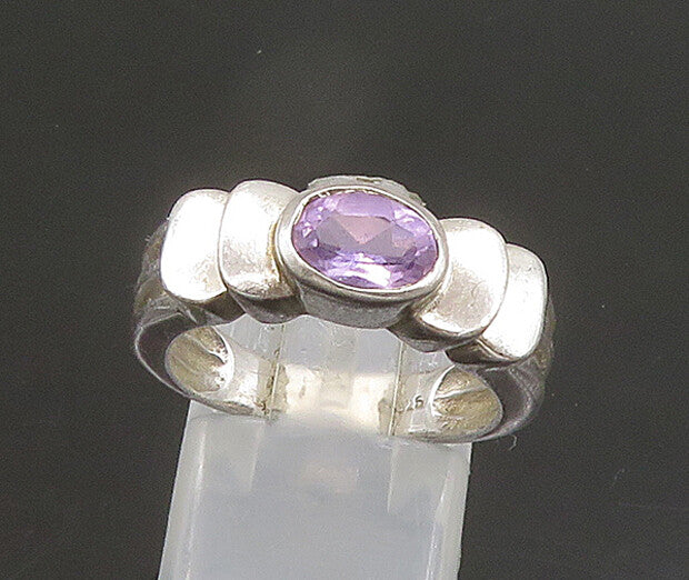 925 Sterling Silver  Vintage Faceted Amethyst Ribbed Band Ring Sz 7  RG21923