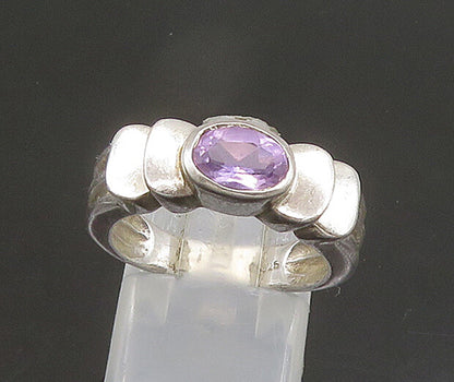 925 Sterling Silver  Vintage Faceted Amethyst Ribbed Band Ring Sz 7  RG21923