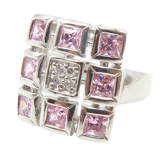 925 Sterling Silver  Pink & White Topaz Grid Cocktail Ring Sz 6  RG11840