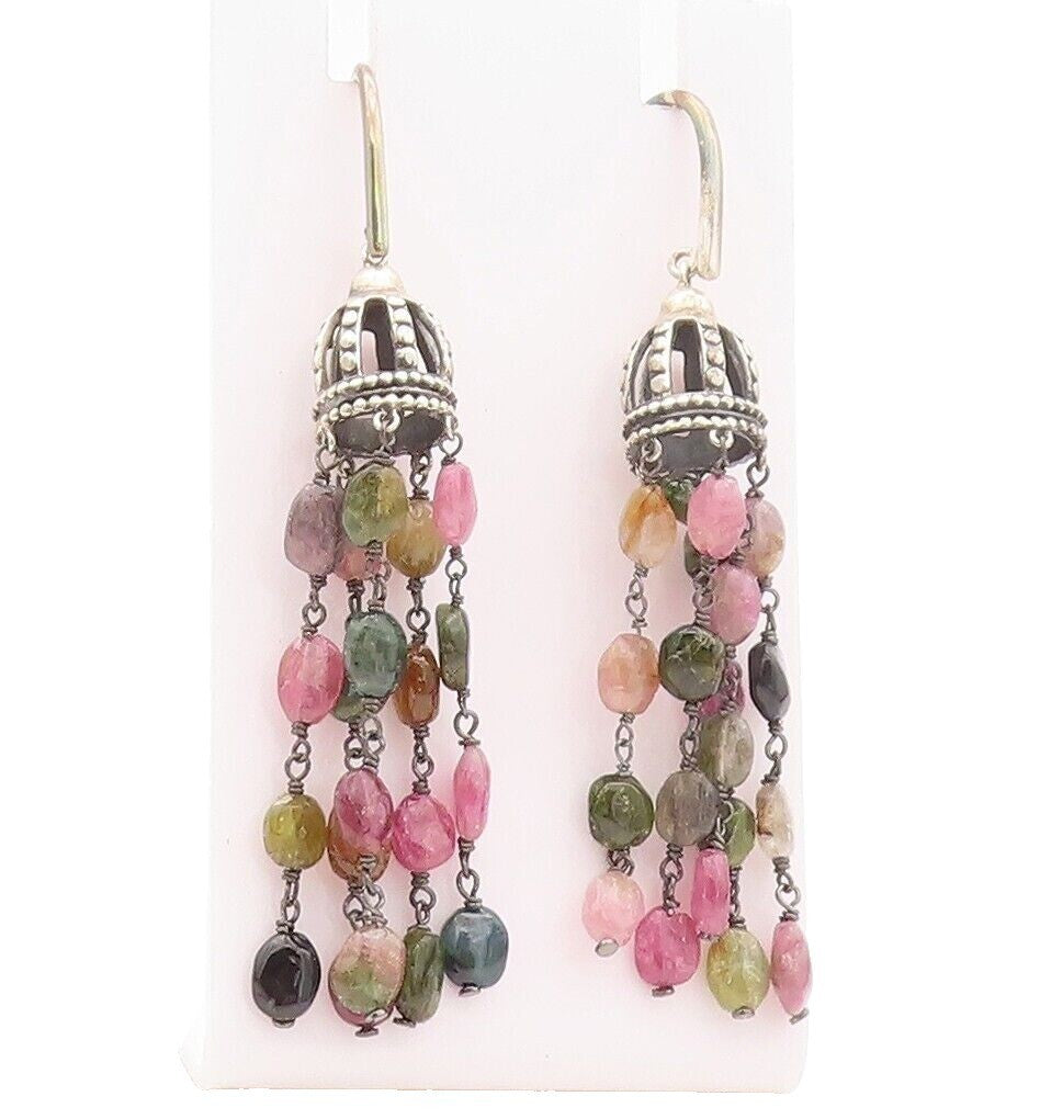 925 Sterling Silver Vintage Earrings Cutout Dome Dangling Gemstones  EG13159