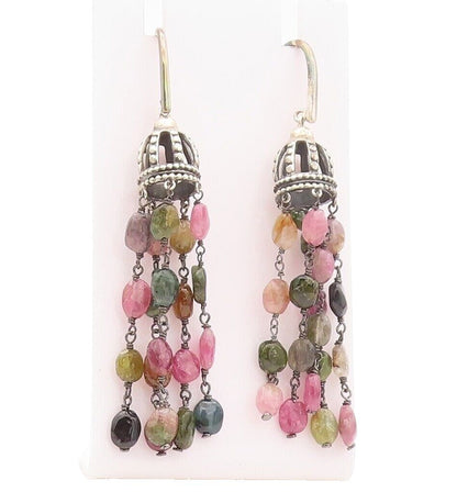 925 Sterling Silver Vintage Earrings Cutout Dome Dangling Gemstones  EG13159