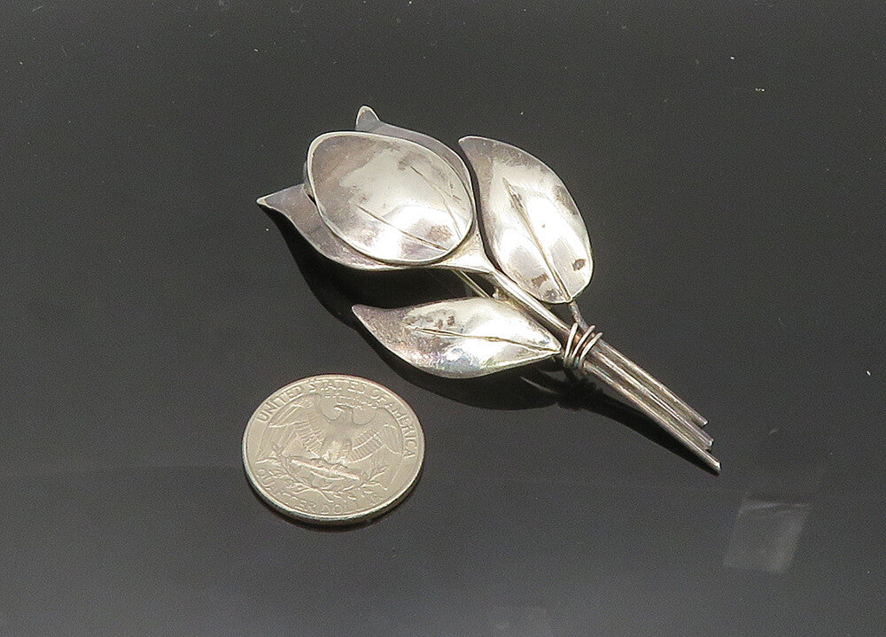 925 Sterling Silver  Vintage Shiny Single Flower Motif Brooch Pin  BP7935
