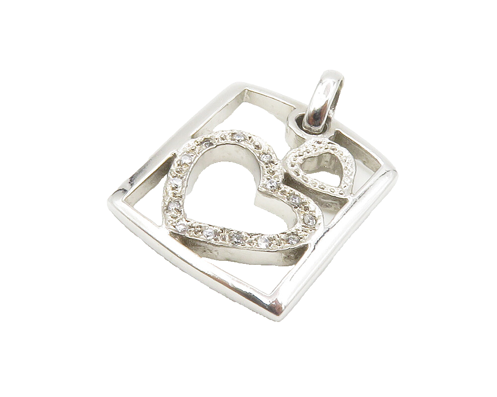 925 Sterling Silver  Vintage Shiny Topaz Open Love Hearts Pendant  PT10962