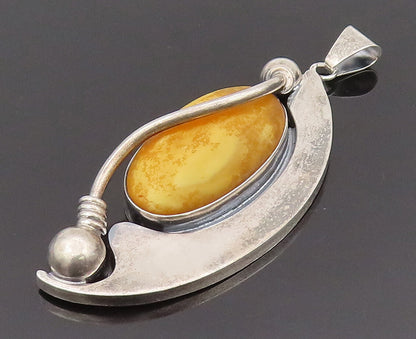 925 Sterling Silver Vintage Large Half Moon Honey Yellow Agate Pendant PT22167