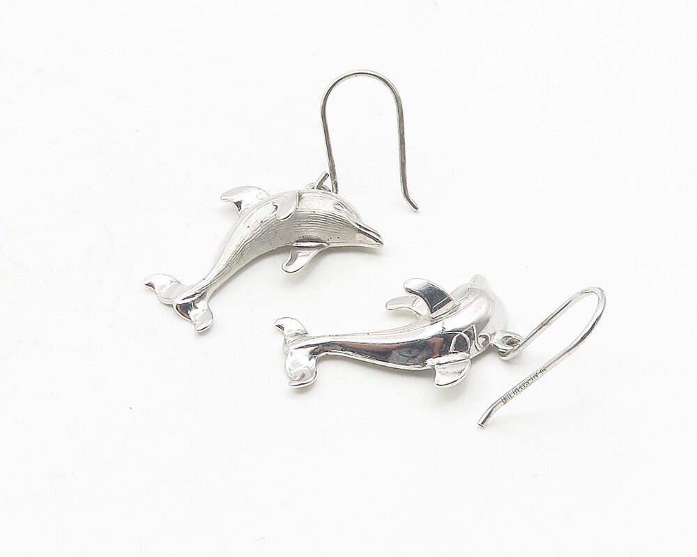 925 Sterling Silver  Vintage Shiny Dolphin Motif Animal Drop Earrings  EG5980