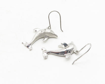 925 Sterling Silver  Vintage Shiny Dolphin Motif Animal Drop Earrings  EG5980