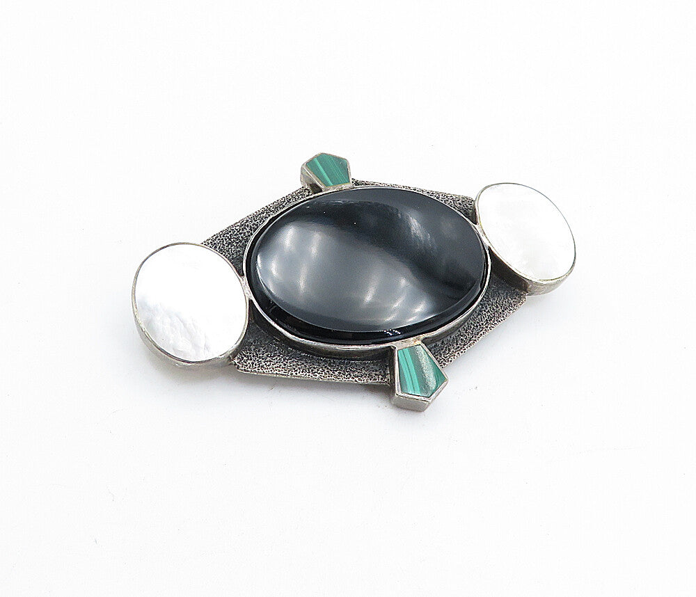 925 Silver  Vintage Black Onyx Mother Of Pearl & Malachite Brooch Pin  BP1753