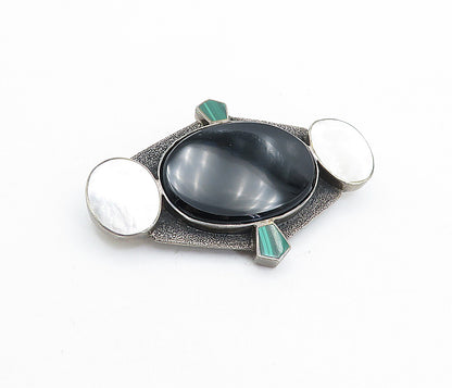 925 Silver  Vintage Black Onyx Mother Of Pearl & Malachite Brooch Pin  BP1753