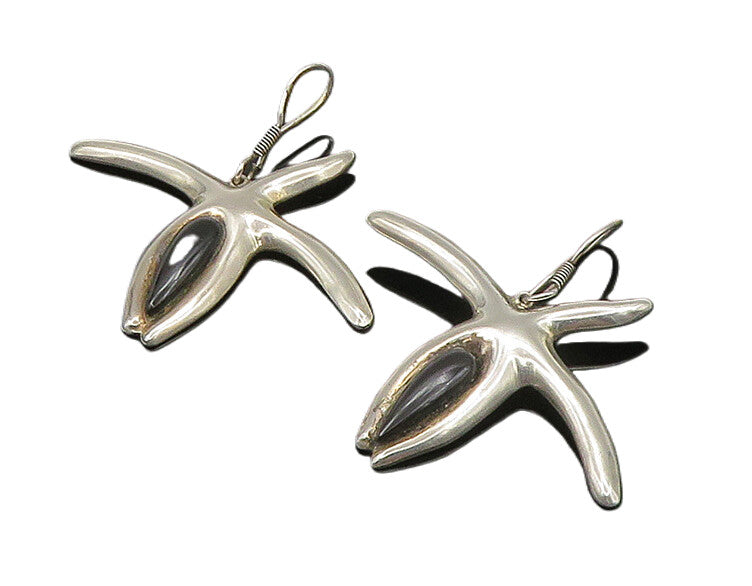 MEXICO 925 Silver  Vintage Black Onyx Starfish Motif Dangle Earrings  EG11204