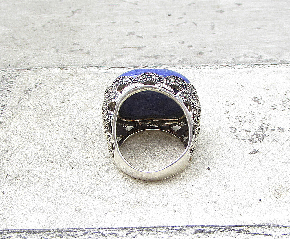 925 Sterling Silver  Sodalite & Marcasite Cocktail Ring Sz 5.5  RG1936