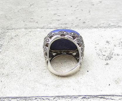 925 Sterling Silver  Sodalite & Marcasite Cocktail Ring Sz 5.5  RG1936