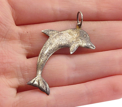 925 Sterling Silver  Vintage Smooth Dark Tone Leaping Dolphin Pendant  PT4525