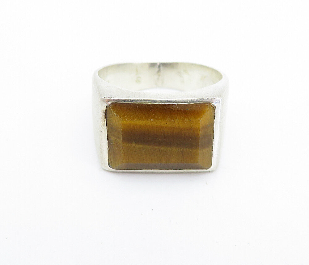 925 Sterling Silver Vintage Tiger's Eye Matte Square Band Ring Sz 8 RG7962