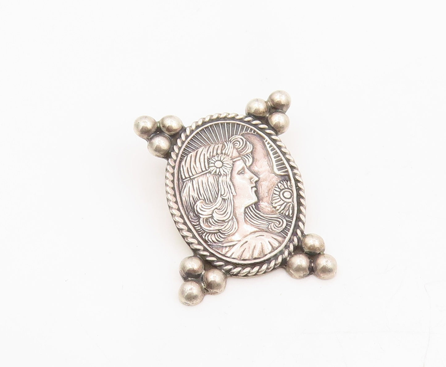 925 Sterling Silver Vintage Pendant BRENDA SCHOENFELD Carved Lady Face  PT25547