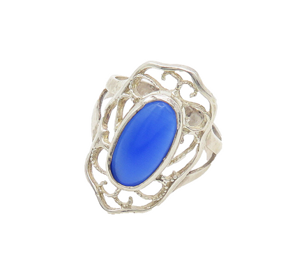 925 Sterling Silver  Vintage Blue Stone Floral Cocktail Ring Sz 8  RG18308