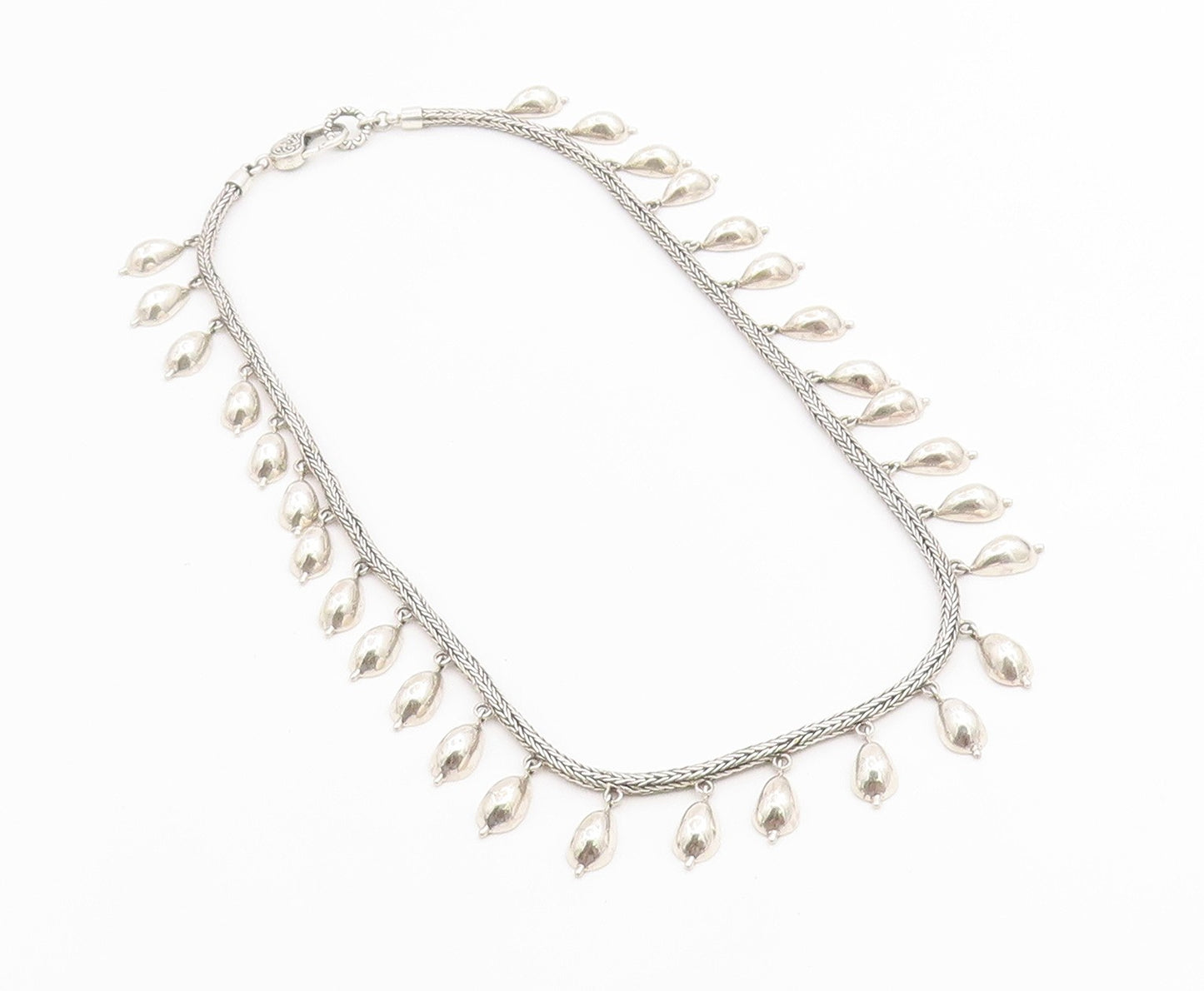 925 Sterling Silver Vintage Necklace Classic Foxtail Chain With Droplets  NE4891