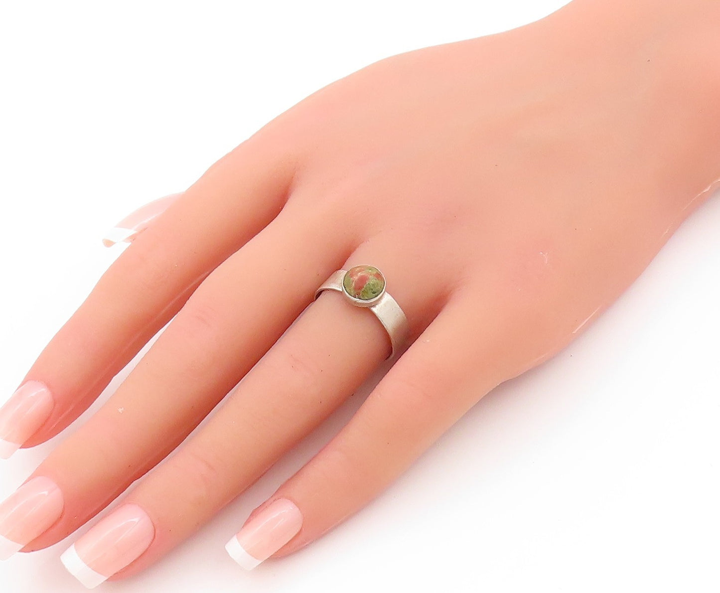 925 Sterling Silver Vintage Ring Minimalist Cabochon Unakite  Sz 8  RG32805
