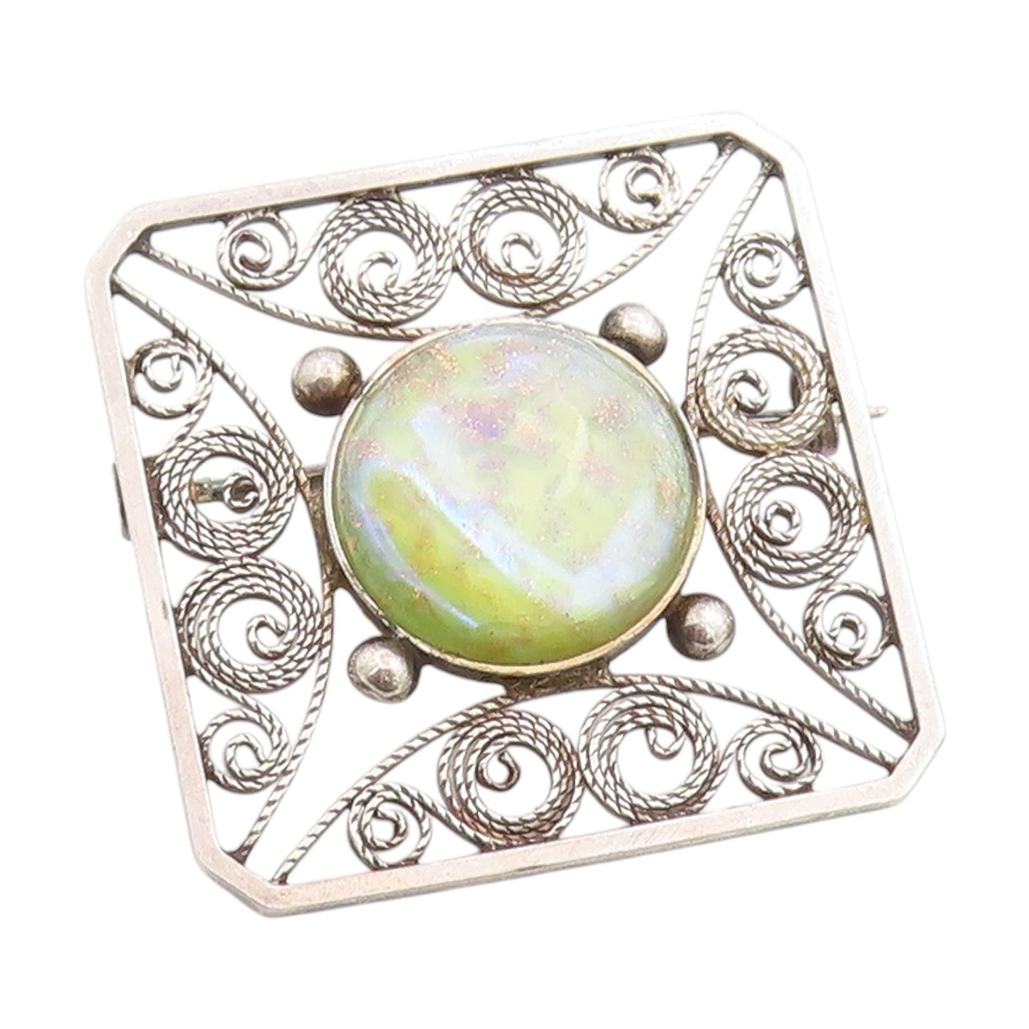 925 Sterling Silver Vintage Brooch Round Cabochon Gemstone Filigree Pin  BP11997