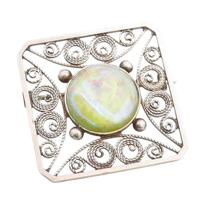 925 Sterling Silver Vintage Brooch Round Cabochon Gemstone Filigree Pin  BP11997